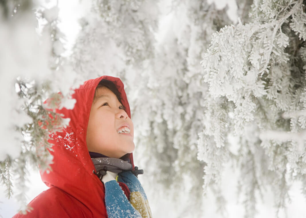 boy looking up in winter forest - XiXinXing/iStock/Getty Images