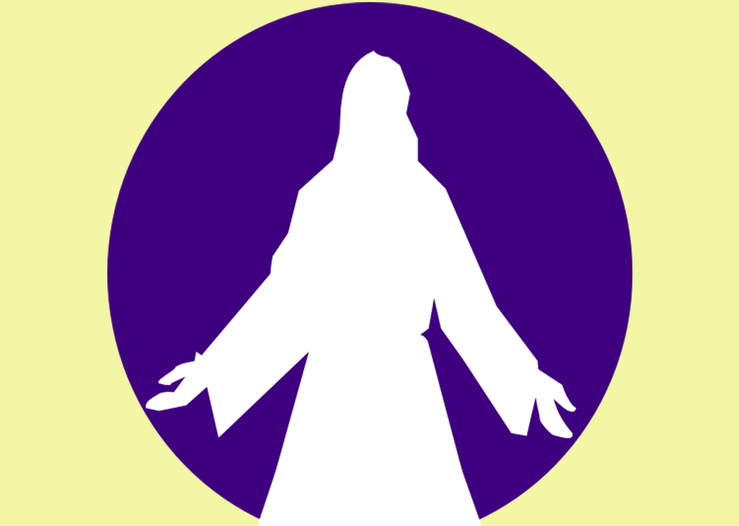 outline of Jesus framed in purple circle 