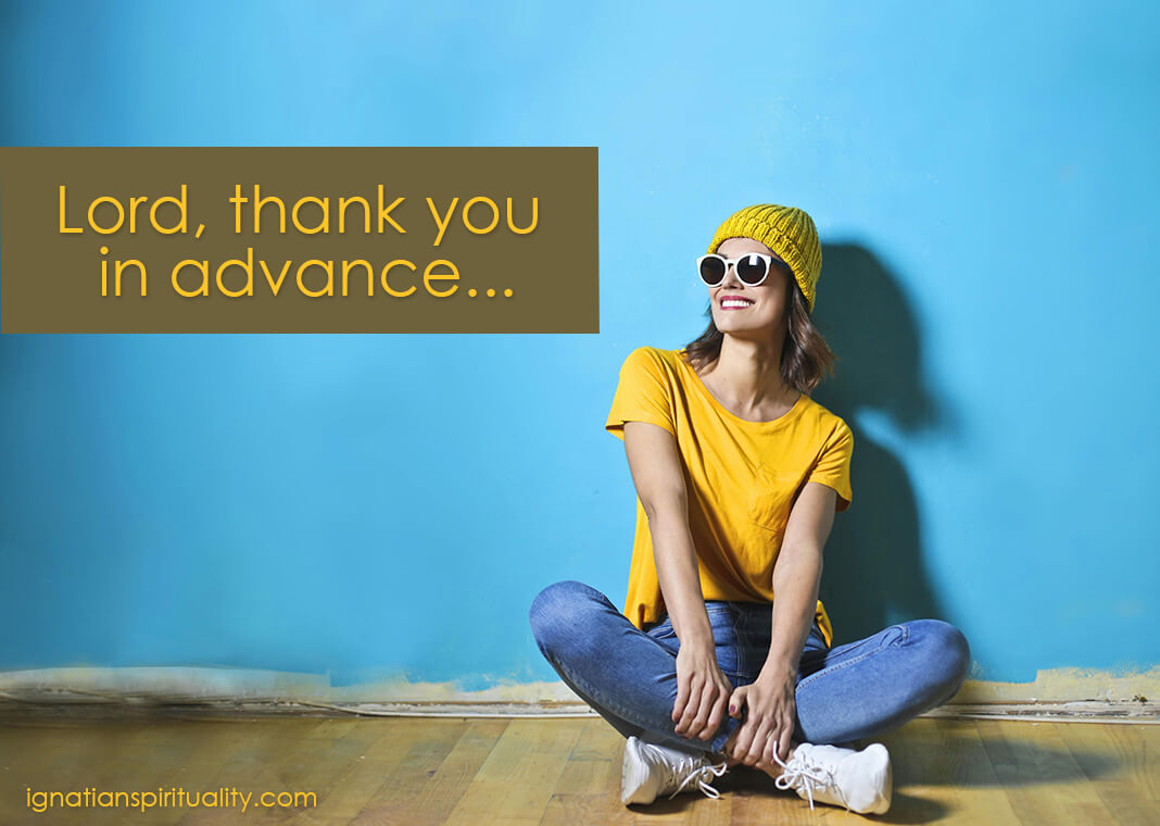 text: Lord, thank you in advance - image of woman in yellow shirt sitting on floor in front of blue wall - photo by Andrea Piacquadio on Pexels