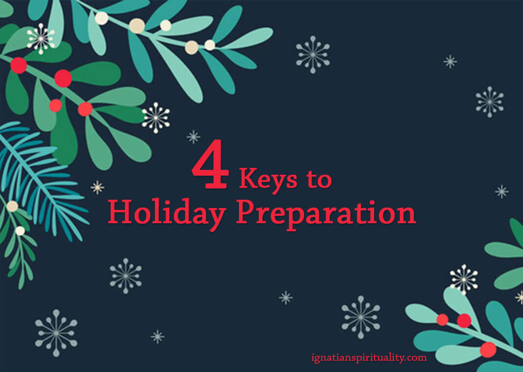 4 Keys to Holiday Preparation - red text on dark background with festive holiday trim of holly and snowflakes - based on aleksandarvelasevic/DigitalVision Vectors/Getty Images