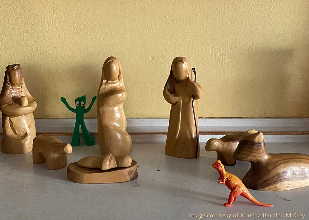 Nativity scene with dinosaur and Gumby visiting - image courtesy of Marina Berzins McCoy