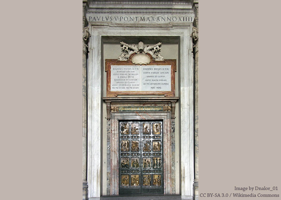 bronze Holy Doors at St. Peter's Basilica - image by Dnalor_01 under CC BY-SA 3.0 via Wikimedia Commons